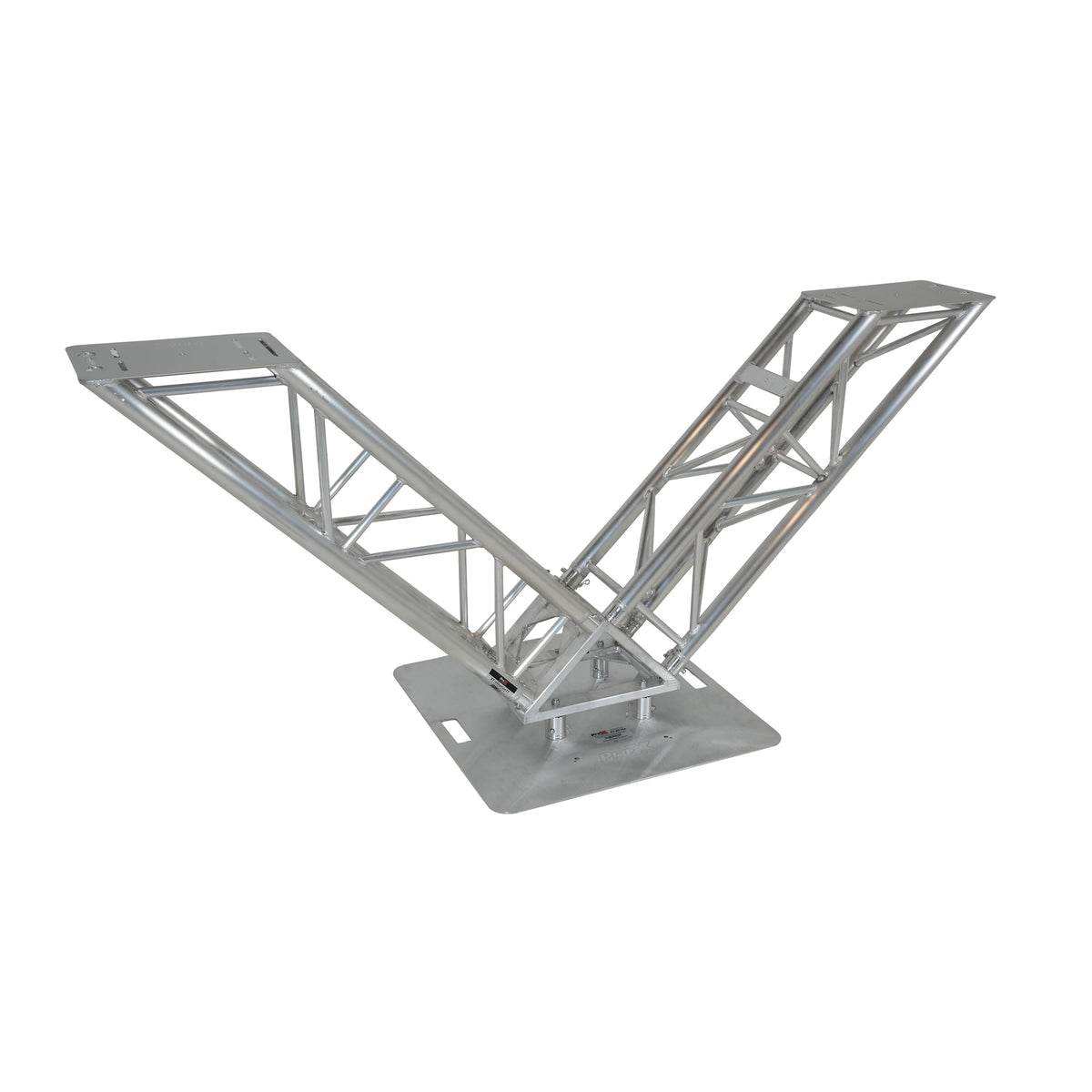 Mesa de DJ ProX VERRAZANO de armadura de aluminio en forma de V con estantes elevados para monitores y placa base de 30"