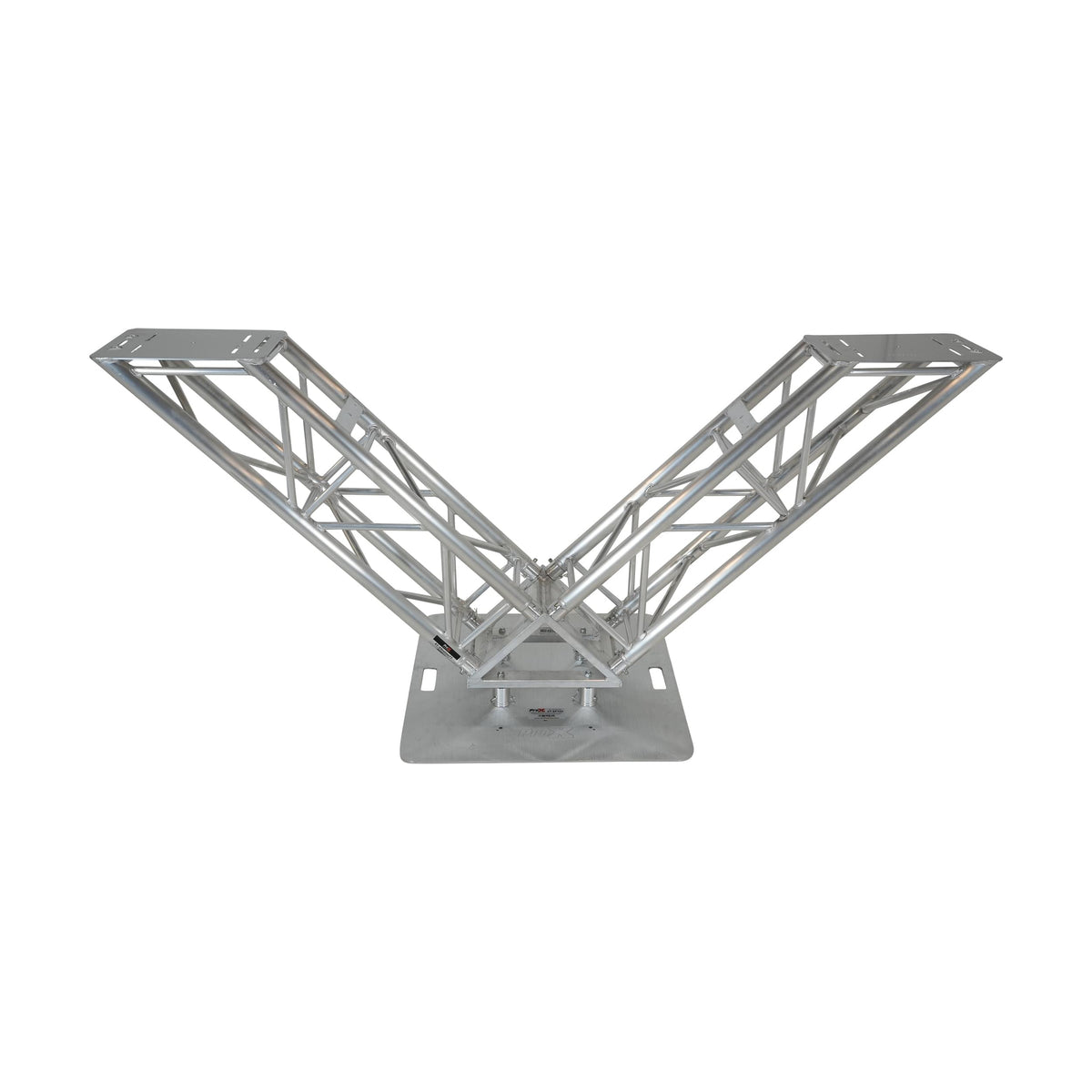 Mesa de DJ ProX VERRAZANO de armadura de aluminio en forma de V con estantes elevados para monitores y placa base de 30"