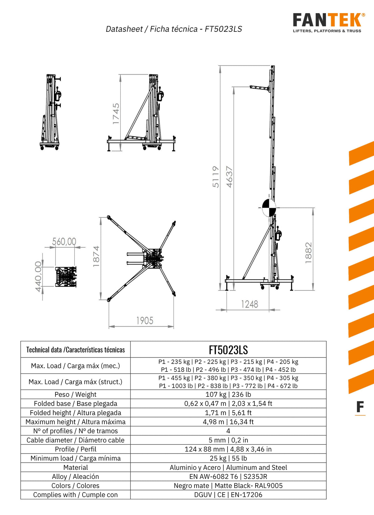 ProX LoadSense system FANTEK Spain Front Loading Lifting Line Array Systems Tower Min Height: 5.62 Feet - Max Height: 16.33 Feet.