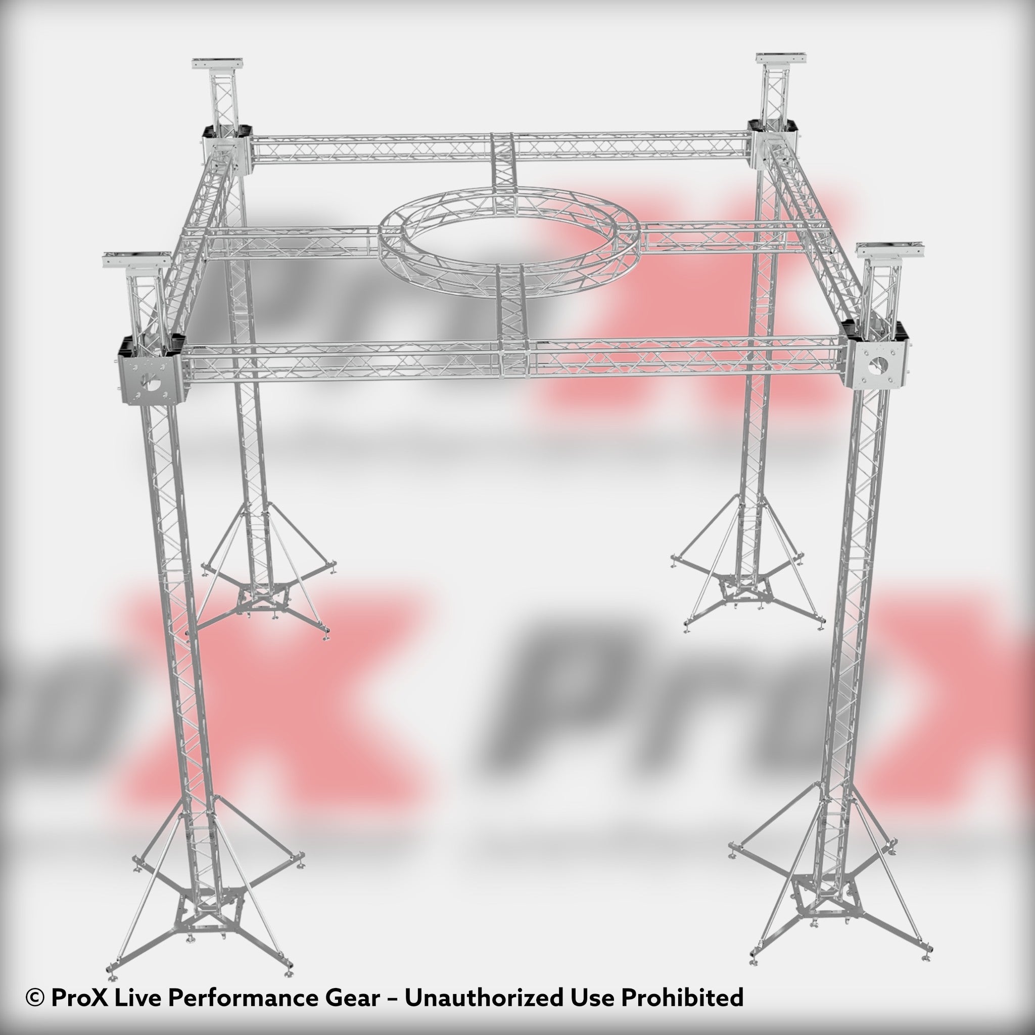 ProX F34 Stage Roofing Truss System with Ground Support, Circular Truss and Chain Hoists – 21x21x23 Ft. Circle in Center