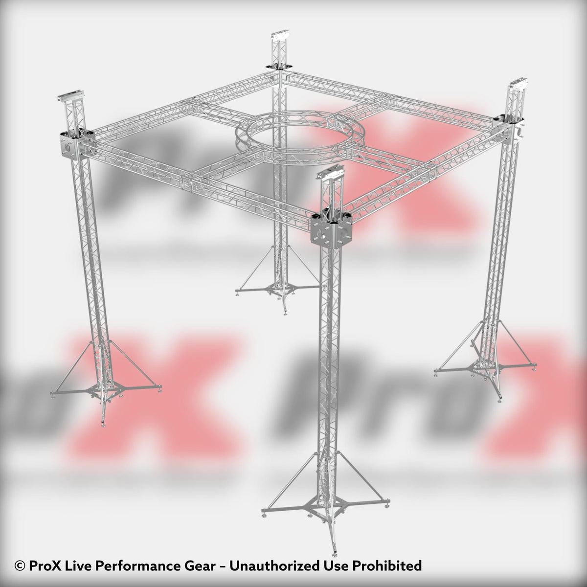 ProX F34 Stage Roofing Truss System with Ground Support, Circular Truss and Chain Hoists – 21x21x23 Ft. Circle in Center.