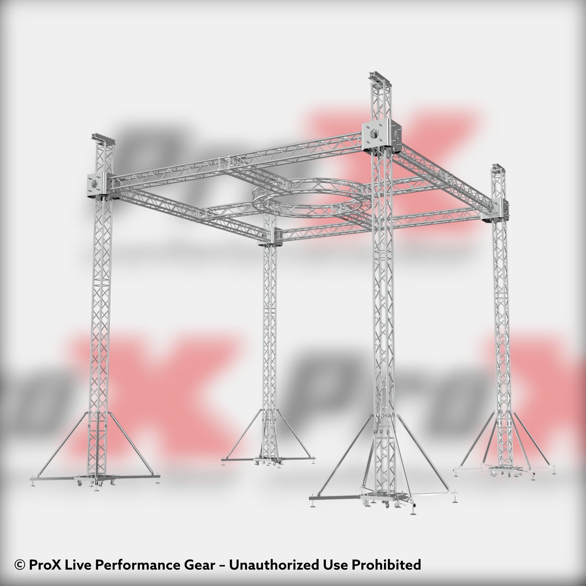 ProX F34 Stage Roofing Truss System with Ground Support, Circular Truss and Chain Hoists – 21x21x23 Ft. Circle in Center