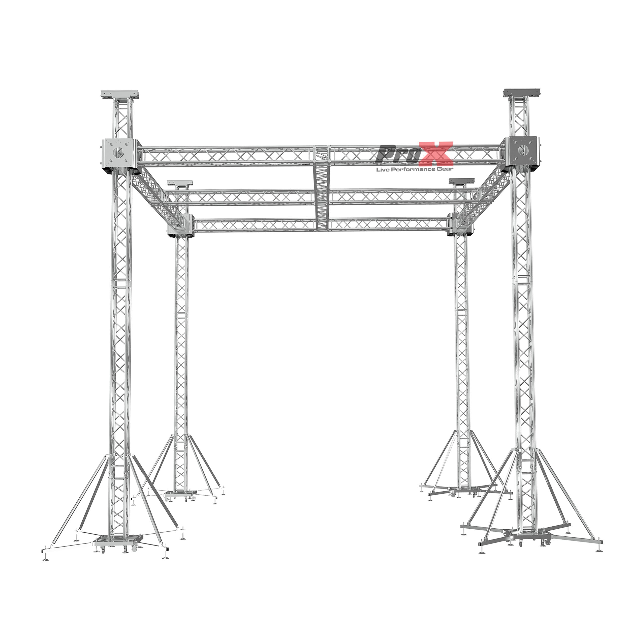 ProX F34 Stage Roofing Ground Support Truss System with F34 Center Cross and Chain Hoists – 21 x 21 x 23 Ft