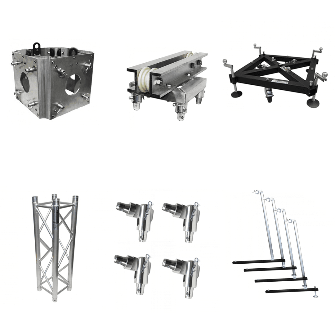 ProX Truss Tower Stage Roofing System Package -Top Block | Hinges | Base | Outriggers and 3.28 Ft. 2 mm Wall Truss Segment.