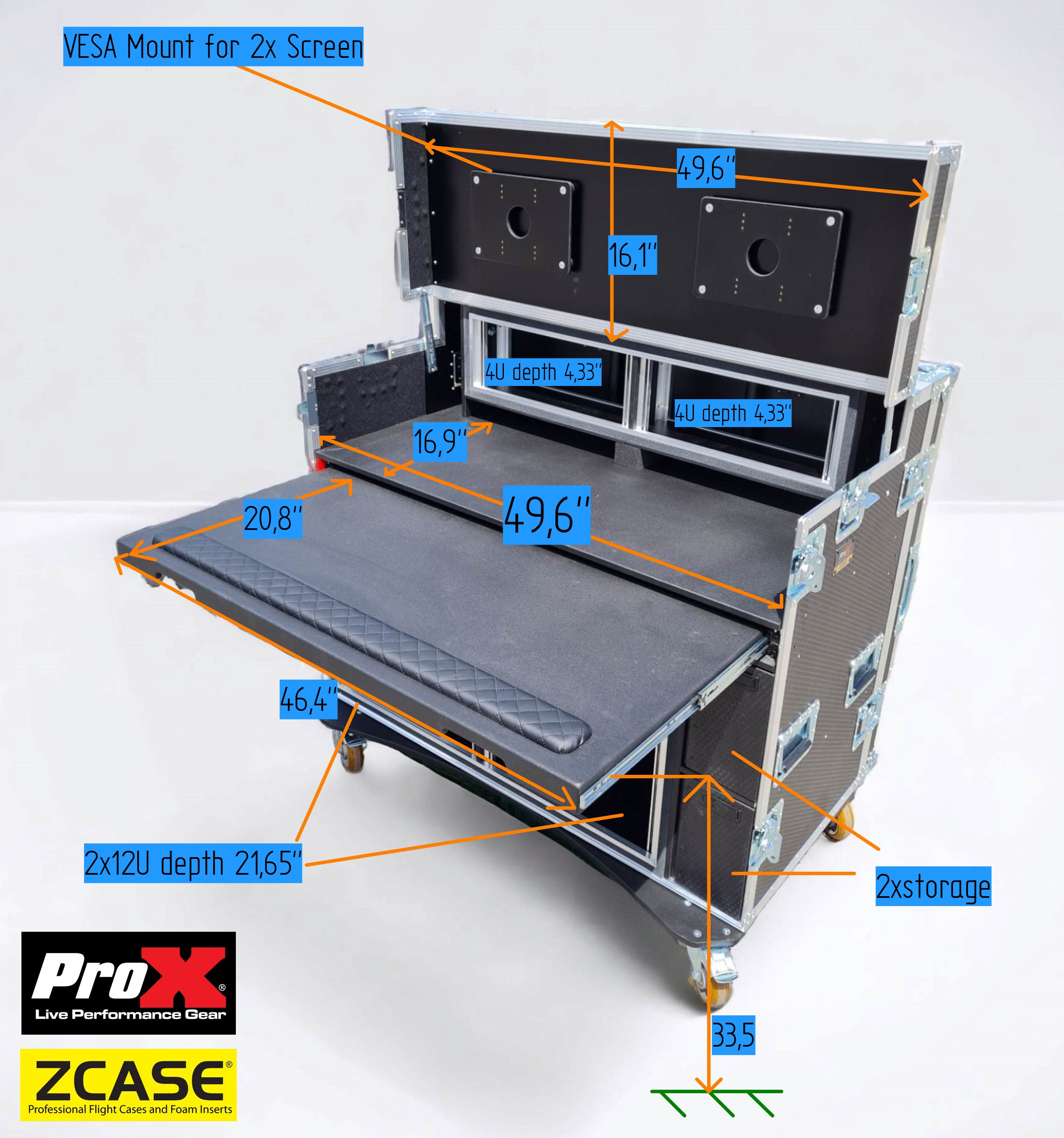 ProX Mobile AV Broadcasting Streaming Recording Studio Workstation Case with 2x 4U Top 2x 12U Bottom Black Finish