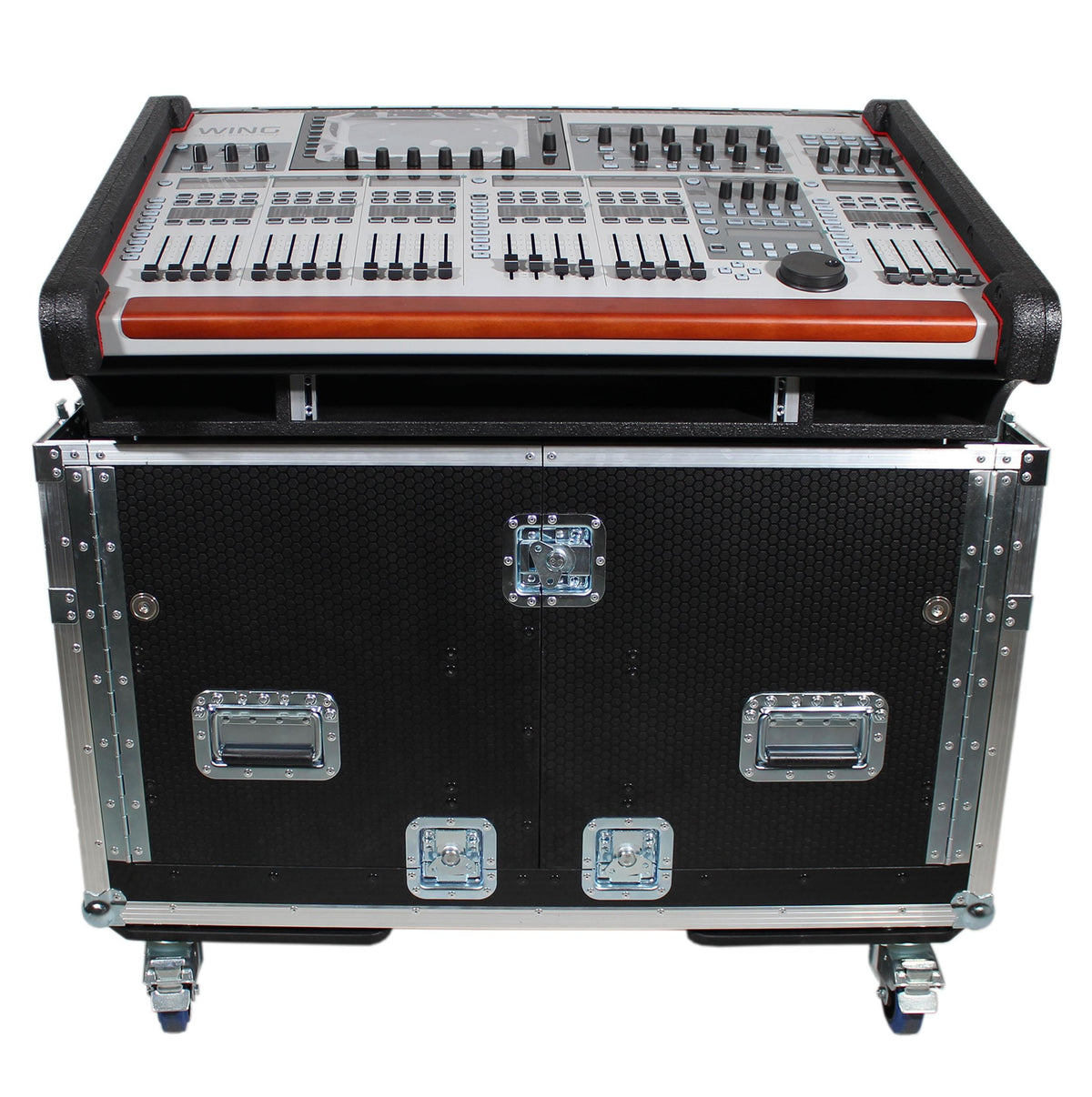 ProX Behringer Wing Flip-Ready Hydraulic Console Easy Retracting Lifting Flight Case and wheels.