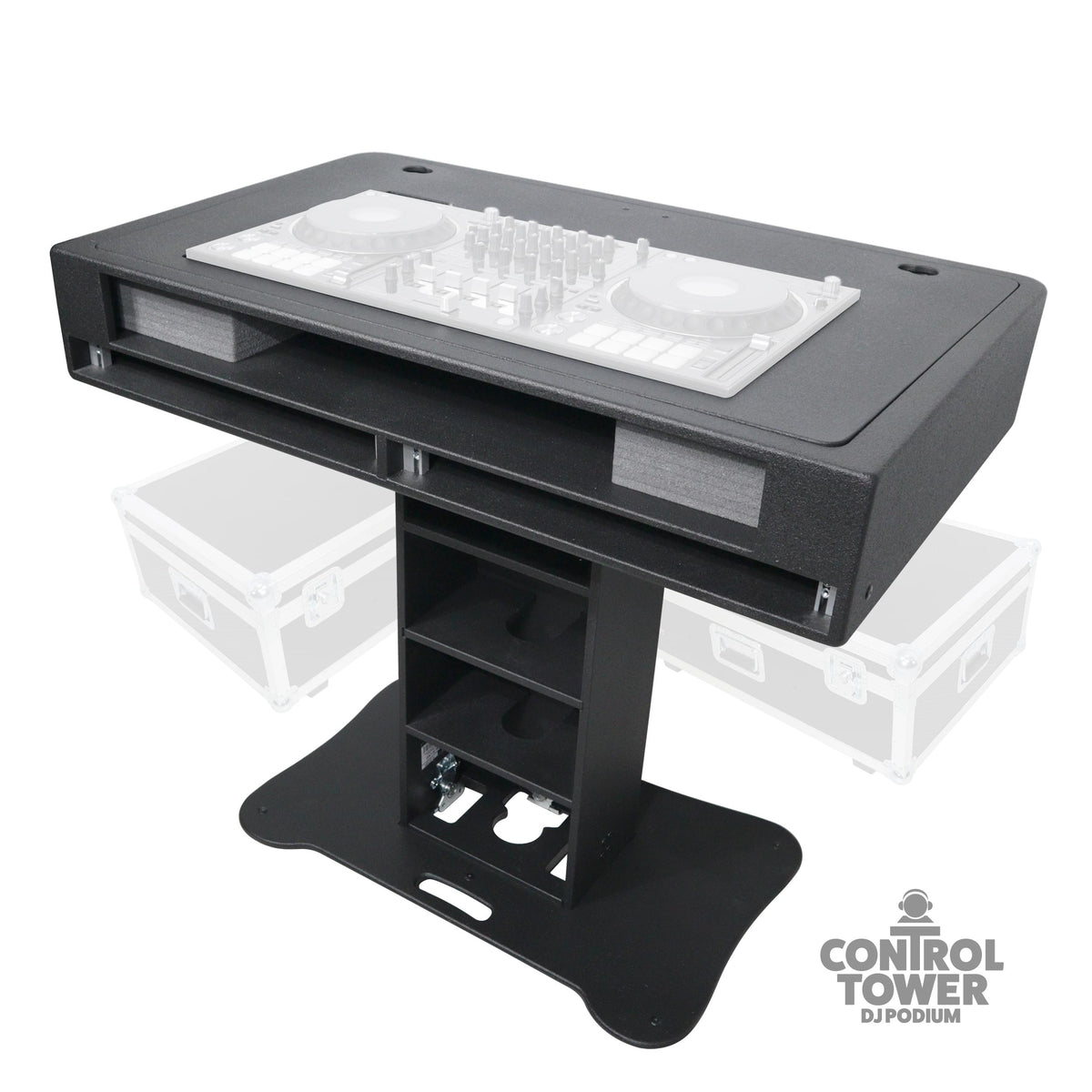 ProX Control Tower DJ Podium with Road Cases for Pioneer DDJ-REV7 XDJ-XZ FLX10 RANE Four - Black Finish.