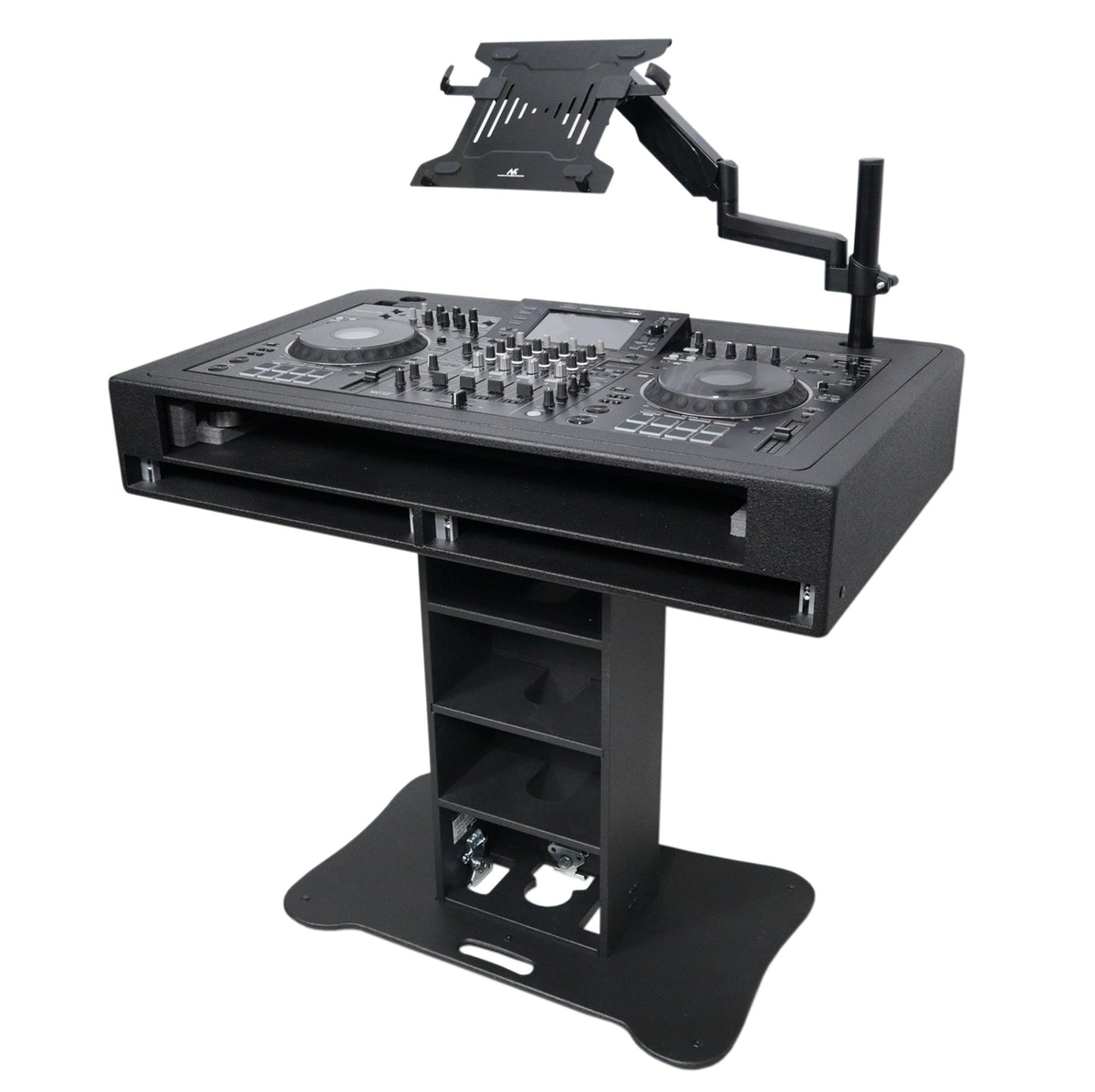 ProX Control Tower DJ Podium with Road Cases for Pioneer DDJ-REV7 XDJ-XZ FLX10 RANE Four - Black Finish.