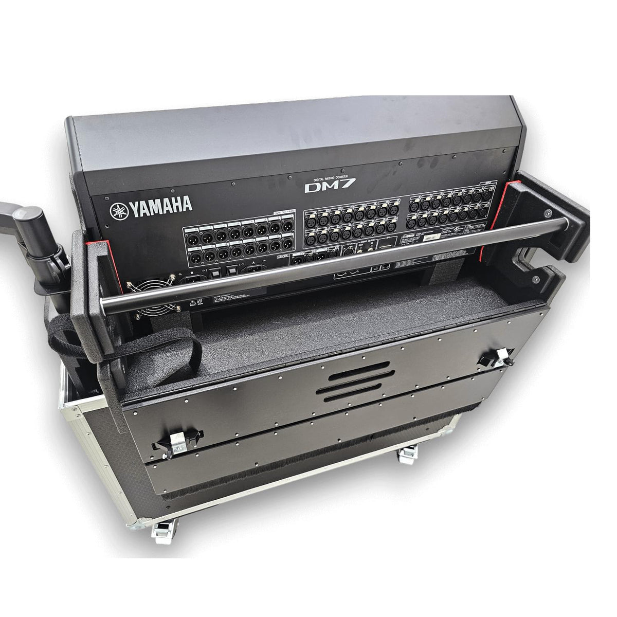 ProX Yamaha DM7 Hydraulic Flip-Ready Console Easy Retracting Lifting 1U Rack Space Flight Case with wheels by ZCASE.