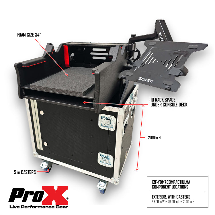 ProX Flip-Ready Console Case for Yamaha DM7 Compact with Hydraulic Easy Lifting 1U Rack Space and Auto Casters