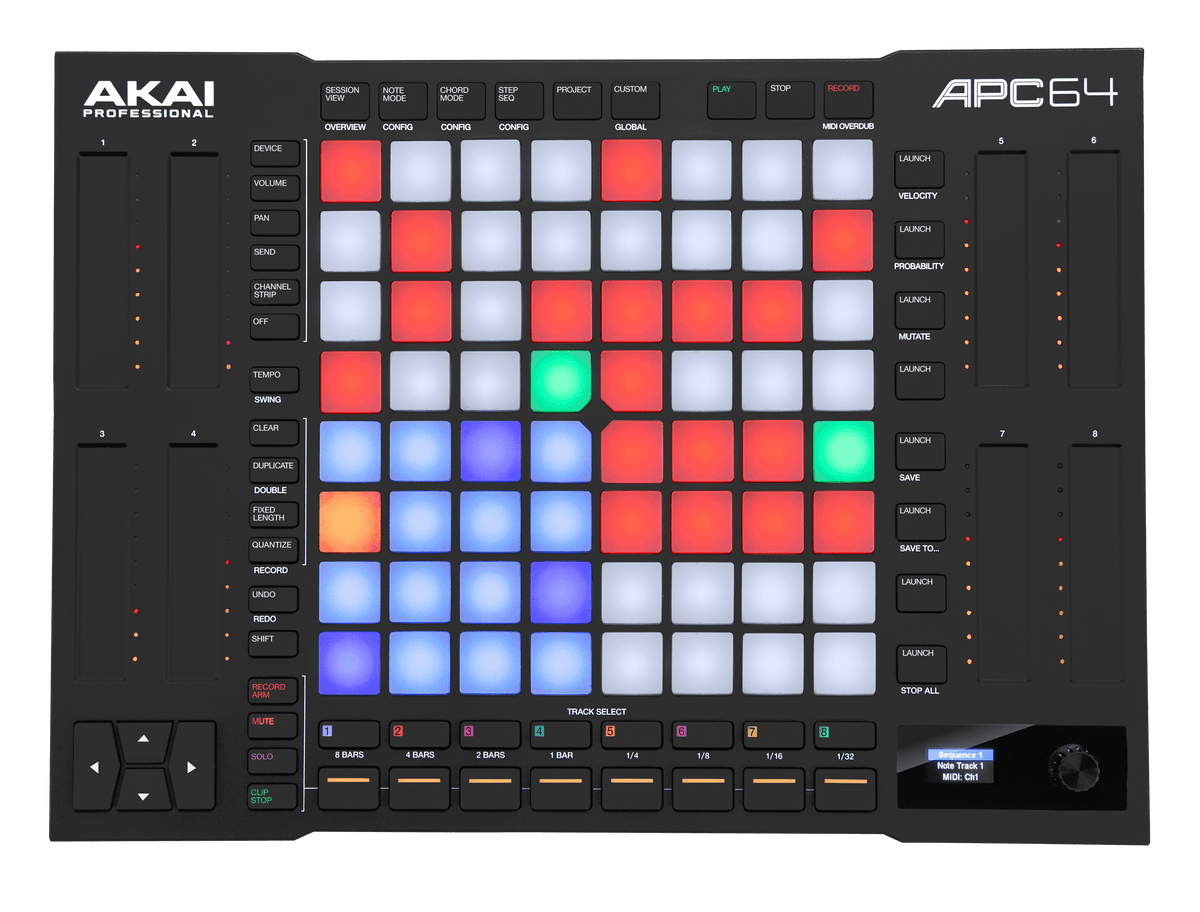 Akai APC64 - Ableton Live Controller With 64 Velocity-Sensitive Pads and 8 Assignable Touch Strips.