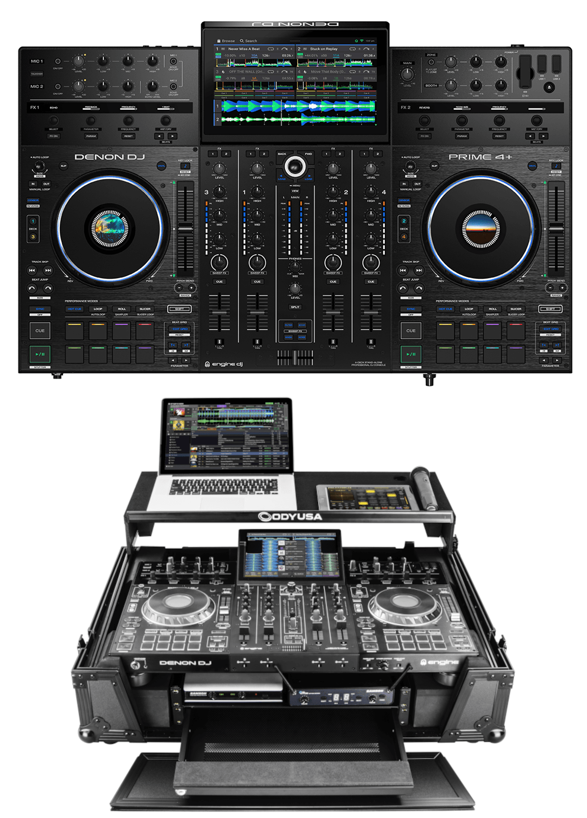 Denon DJ Prime 4+ + Odyssey FZGSPRIME4W2BL Case Bundle.