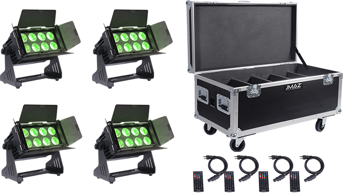 JMAZ PROFESSIONAL Electro Panel W8 4PK RGB+LIME Battery-Powered Outdoor LED Panel Light Kit w/ Charging Road Case