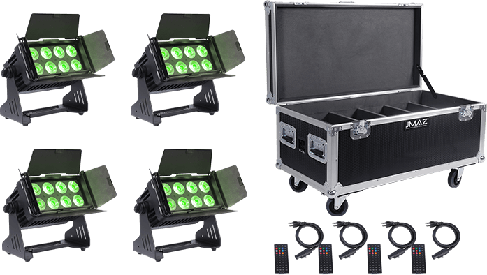 JMAZ PROFESSIONAL Electro Panel W8 4PK RGB+LIME Battery-Powered Outdoor LED Panel Light Kit w/ Charging Road Case