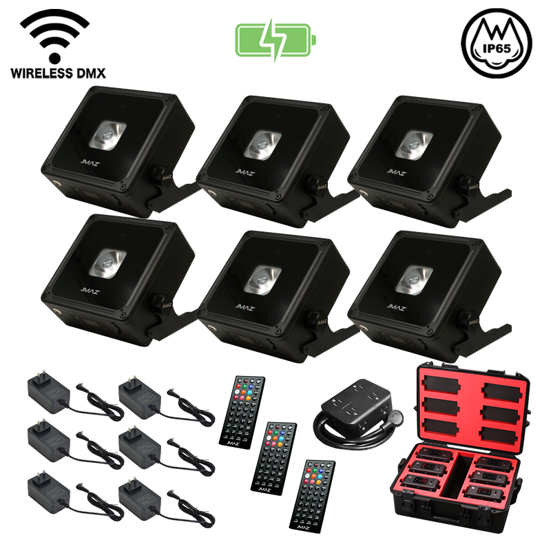 JMAZ MAD PAR BULLS IP 6-Pack RGBA LED IP65 Outdoor Battery-Powered Par Wash Lights with Wireless DMX, Diffusers, Remotes & Charging Transport Case