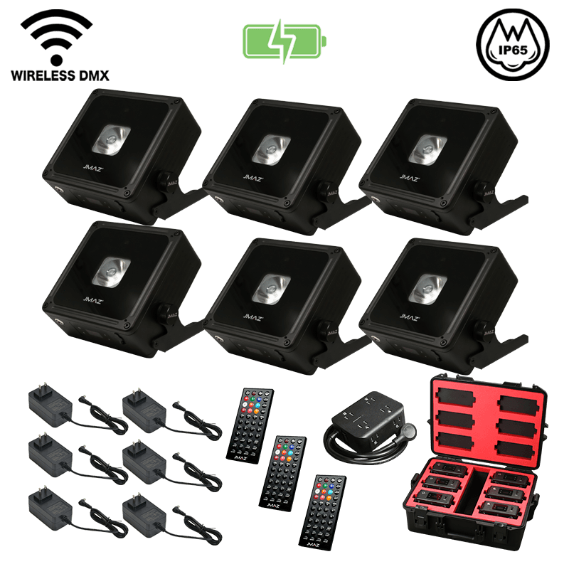 JMAZ MAD PAR BULLS IP 6-Pack RGBA LED IP65 Outdoor Battery-Powered Par Wash Lights with Wireless DMX, Diffusers, Remotes & Charging Transport Case