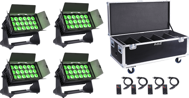 JMAZ PROFESSIONAL Electro Panel W18 4PK RGB+LIME Battery-Powered Outdoor LED Panel Light Kit w/ Charging Road Case