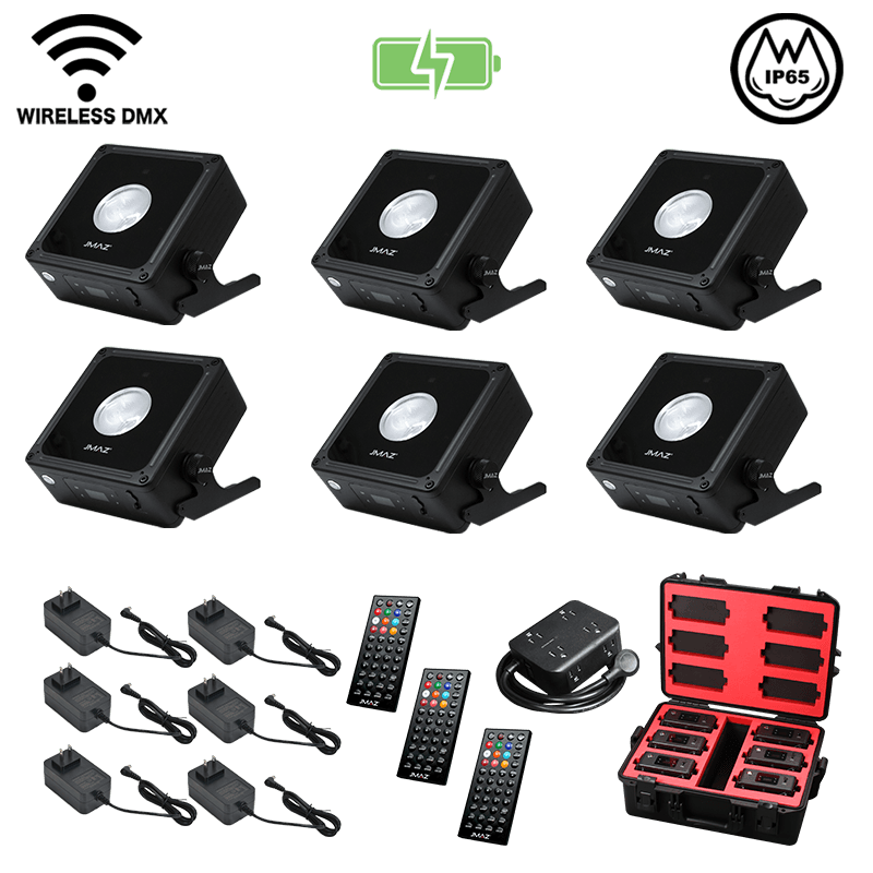 JMAZ MAD PAR PUCK 6-Pack RGBAL+C LED IP65 Outdoor Battery-Powered Par Wash Lights with Wireless DMX, Diffusers, Remotes & Charging Transport Case
