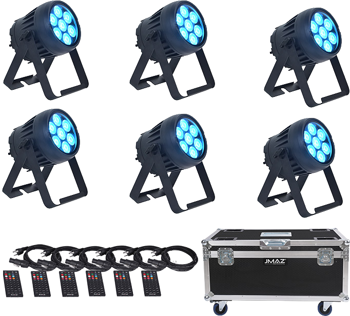 JMAZ PROFESSIONAL Electro PAR W7 6PK - RGB+LIME Battery-Powered Outdoor LED PAR Light Kit w/ Charging Road Case