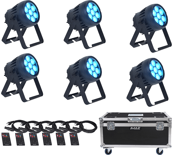 JMAZ PROFESSIONAL Electro PAR W7 6PK - RGB+LIME Battery-Powered Outdoor LED PAR Light Kit w/ Charging Road Case
