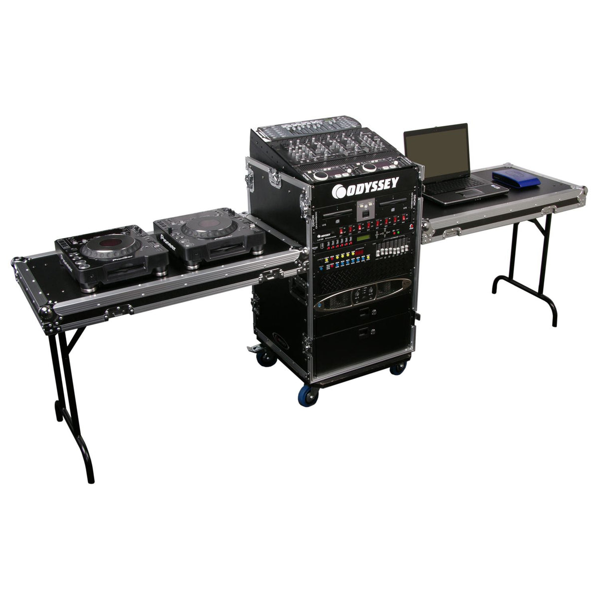 Odyssey FZ1116WDLX-II 11U Top Slanted 16U Vertical Pro Combo Rack with Two Side Tables and Casters