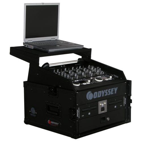 Odyssey FZGS1004BL - Black 10U Top Slanted 4U Bottom Vertical Pro Combo Rack with Glide Platform