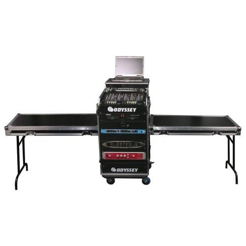Odyssey FZGS1214WDLX-II - Deluxe 12U Top Slanted 14U Bottom Vertical Pro Combo Rack with Casters, Two Side Tables, and Glide Platform