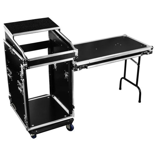 Odyssey FZGS1416WDLX - 14U Top Slanted 16U Bottom Vertical Pro Combo Rack with Casters, Side Table, and Glide Platform