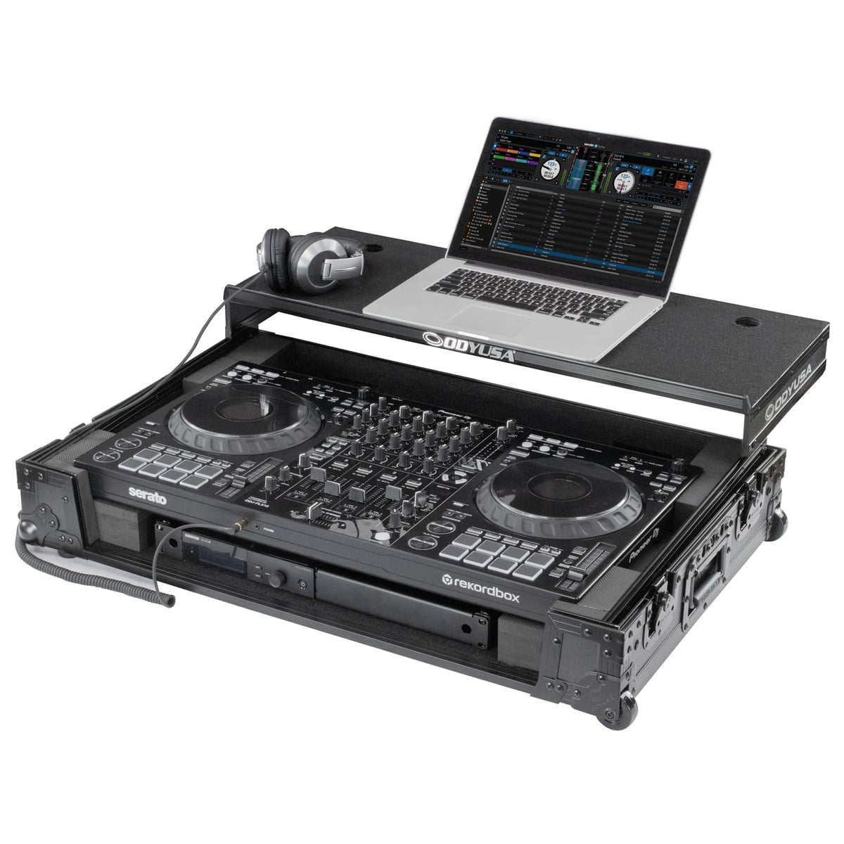 Odyssey FZGSDDJFLX10CWBL - Black Label, 1U Flight Case for the Pioneer DJ DDJ-FLX10 Controller with Glide Style Laptop Platform and Corner Wheels (CONTROLLER NOT INCLUDED).
