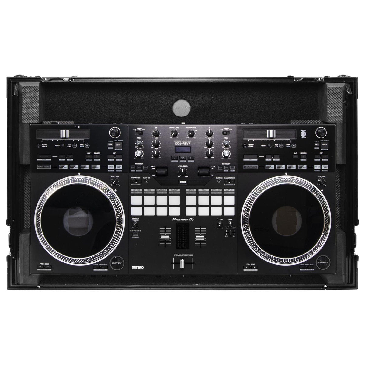 Odyssey FZGSDDJREV7WBL - Pioneer DDJ-REV7 Black Glide Style Flight Case with Wheels and Laptop Platform.