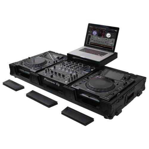 Odyssey FZGSL12CDJWRBL - Black Low Profile 12" Format DJ Mixer and Two Large Format Media Players Flight Coffin Case with Wheels and Glide Platform