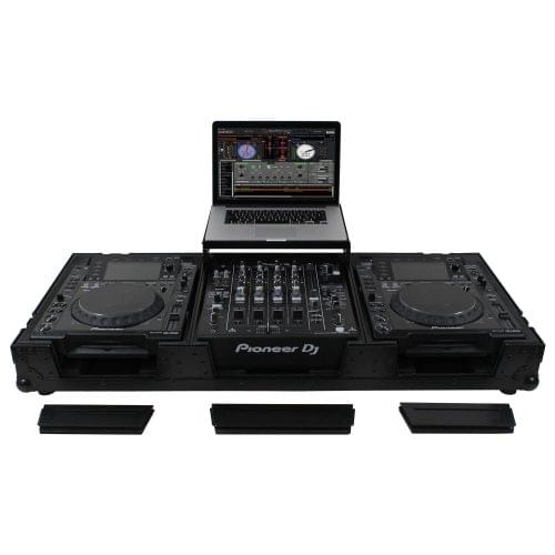 Odyssey FZGSL12CDJWRBL - Black Low Profile 12" Format DJ Mixer and Two Large Format Media Players Flight Coffin Case with Wheels and Glide Platform