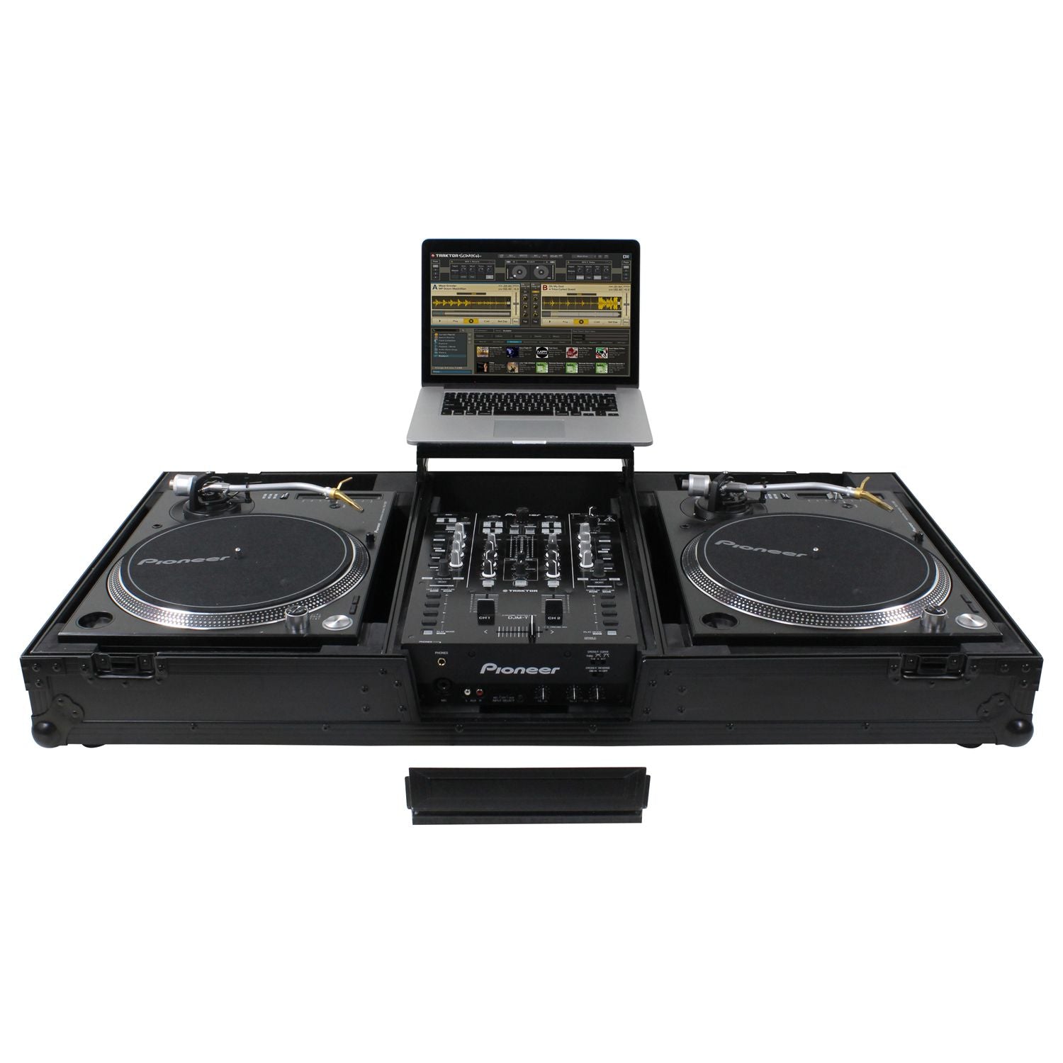Odyssey FZGSLBM10WRBL - Black Low Profile 10" Format DJ Mixer and Two Battle Position Turntables Flight Coffin Case with Wheels and Glide Platform.