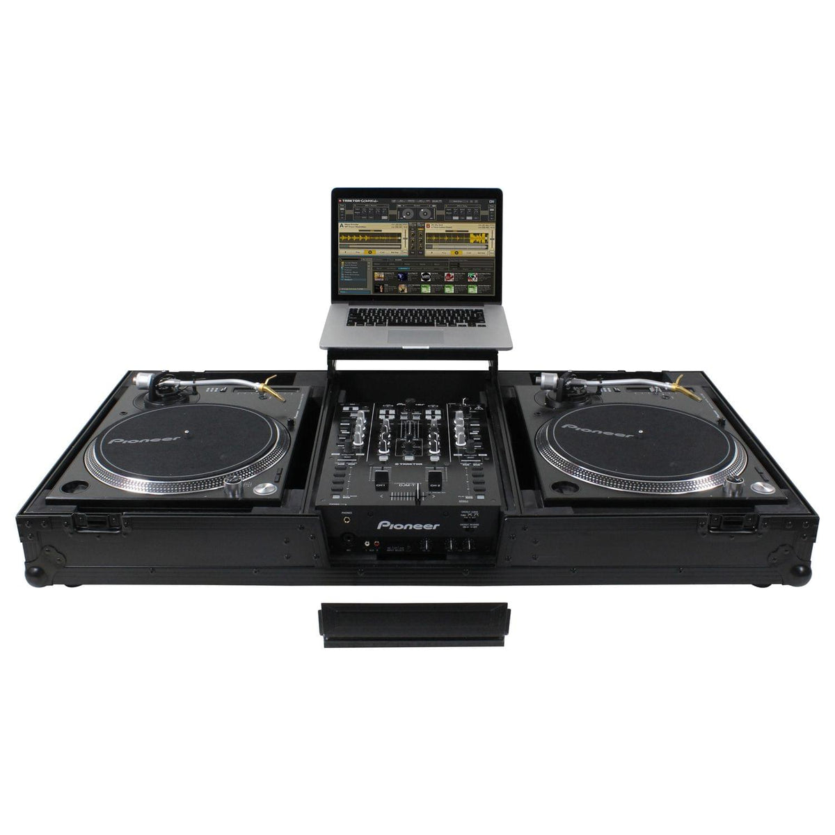 Odyssey FZGSLBM10WRBL - Black Low Profile 10" Format DJ Mixer and Two Battle Position Turntables Flight Coffin Case with Wheels and Glide Platform.