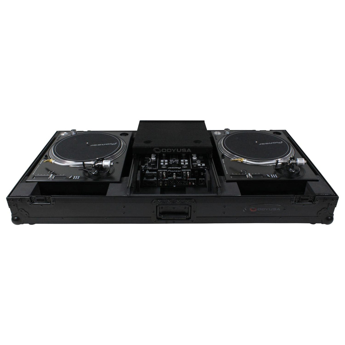 Odyssey FZGSLBM10WRBL - Black Low Profile 10" Format DJ Mixer and Two Battle Position Turntables Flight Coffin Case with Wheels and Glide Platform.