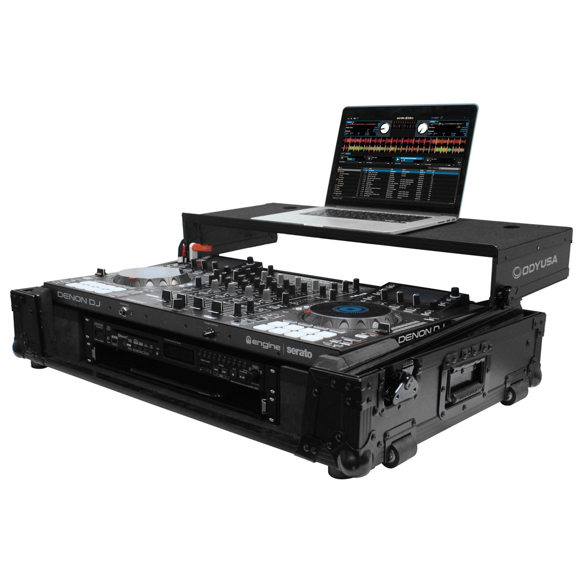 Odyssey FZGSMCX8000W2BL - Black Denon MCX8000 Flight Case with 2U Rack Space, Wheels, and Glide Platform
