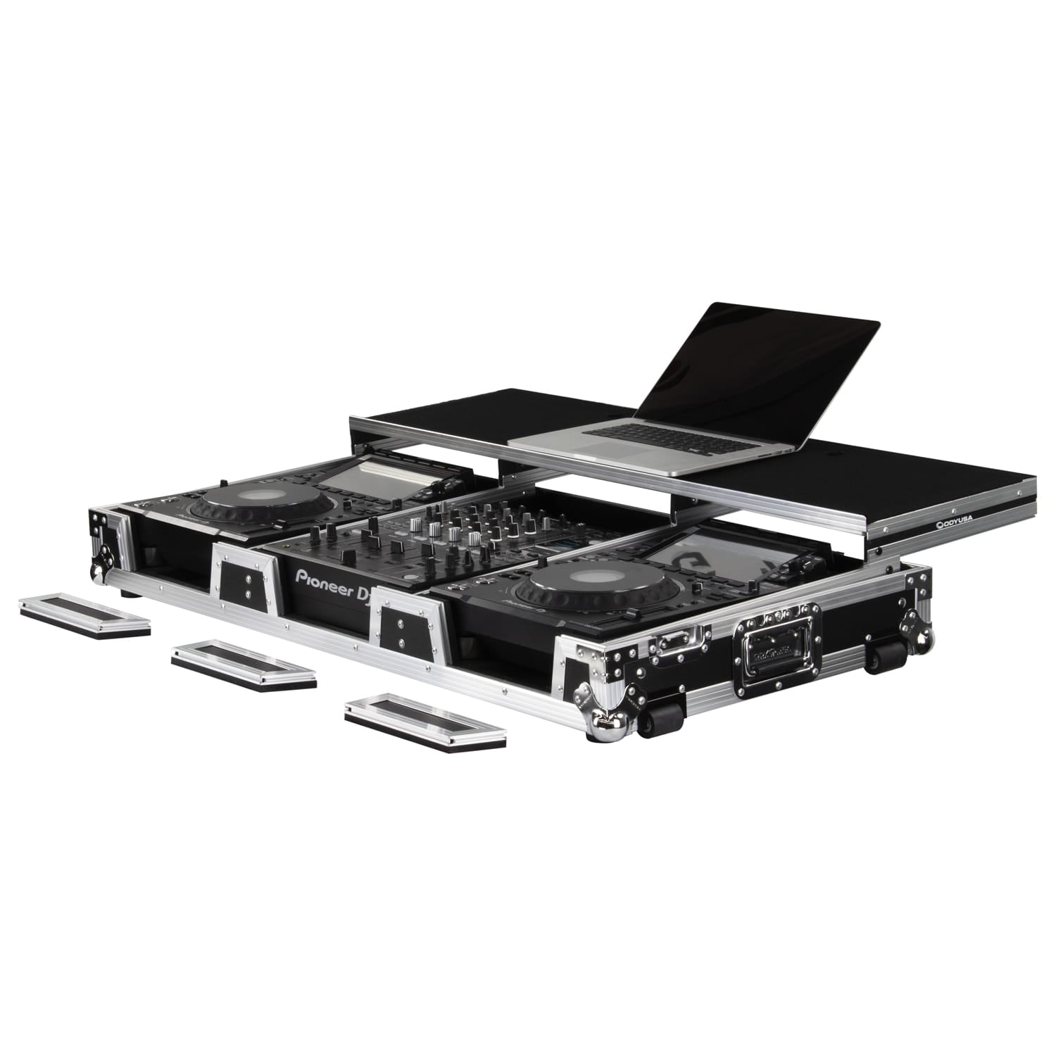 Odyssey FZGSP12CDJW2 - Universal 12″ Format DJ Mixer and Two Large Format Media Players Flight Coffin Case with Full Glide Platform
