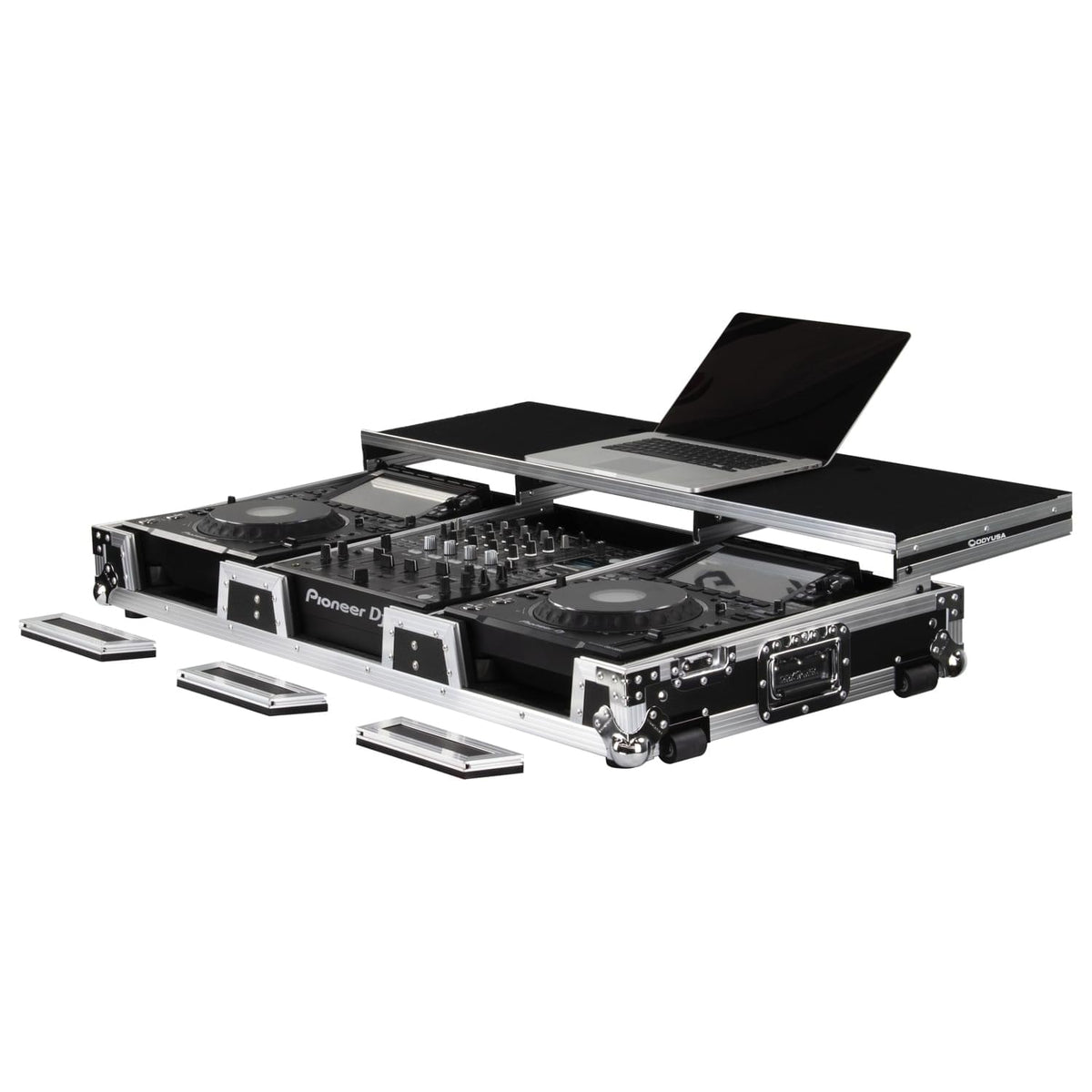 Odyssey FZGSP12CDJW2 - Universal 12″ Format DJ Mixer and Two Large Format Media Players Flight Coffin Case with Full Glide Platform.