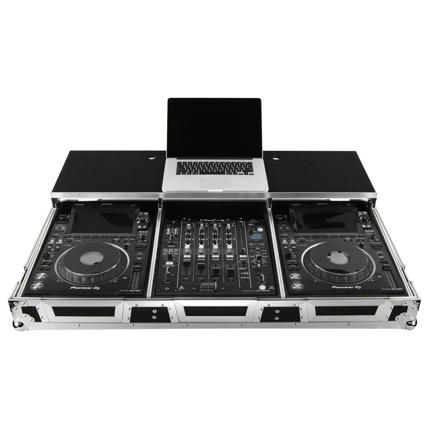 Odyssey FZGSP12CDJW2 - Universal 12″ Format DJ Mixer and Two Large Format Media Players Flight Coffin Case with Full Glide Platform