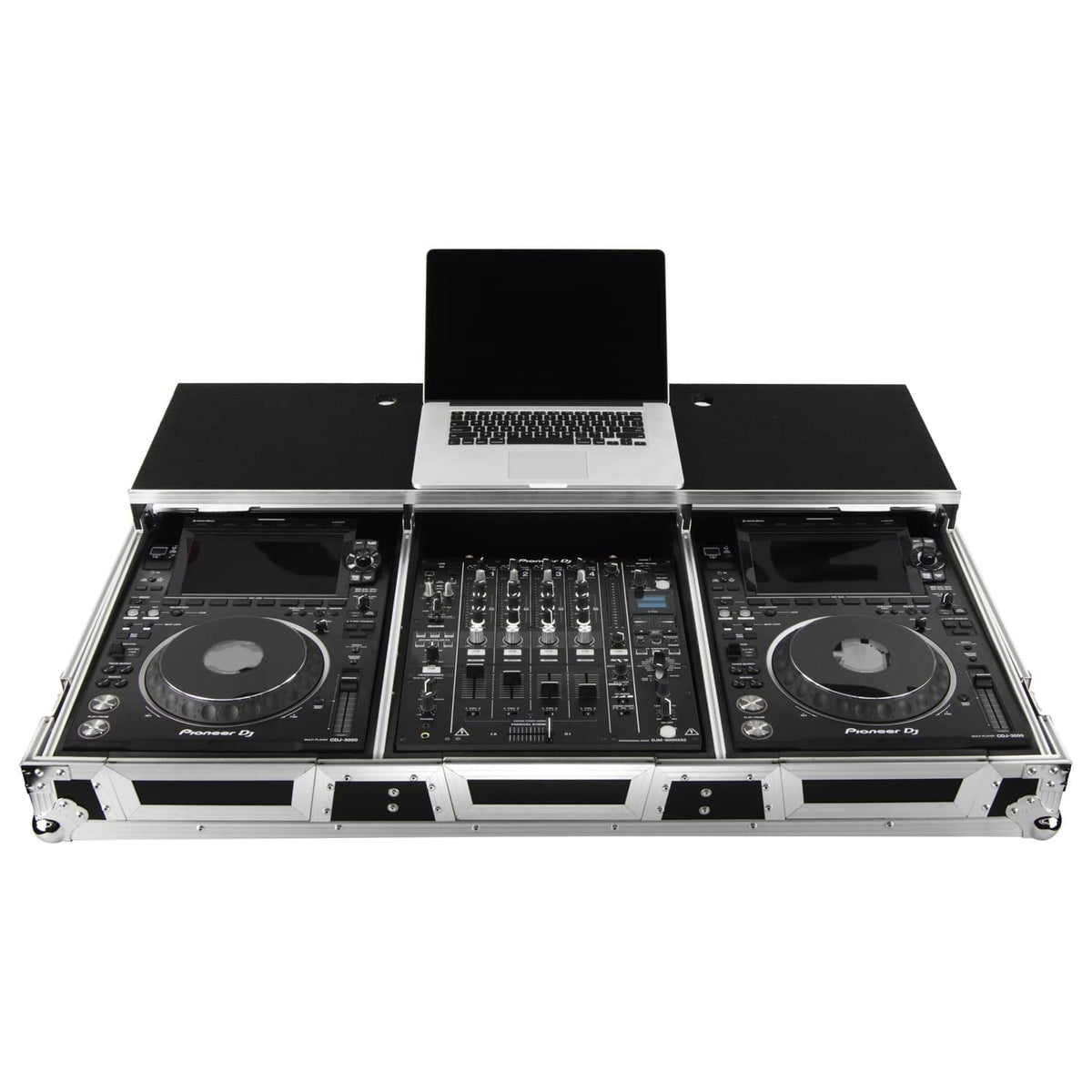 Odyssey FZGSP12CDJW2 - Universal 12″ Format DJ Mixer and Two Large Format Media Players Flight Coffin Case with Full Glide Platform.