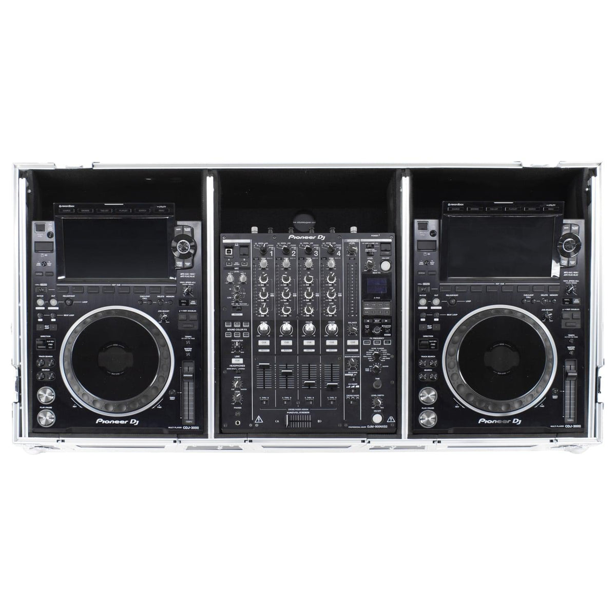 Odyssey FZGSP12CDJW2 - Universal 12″ Format DJ Mixer and Two Large Format Media Players Flight Coffin Case with Full Glide Platform.