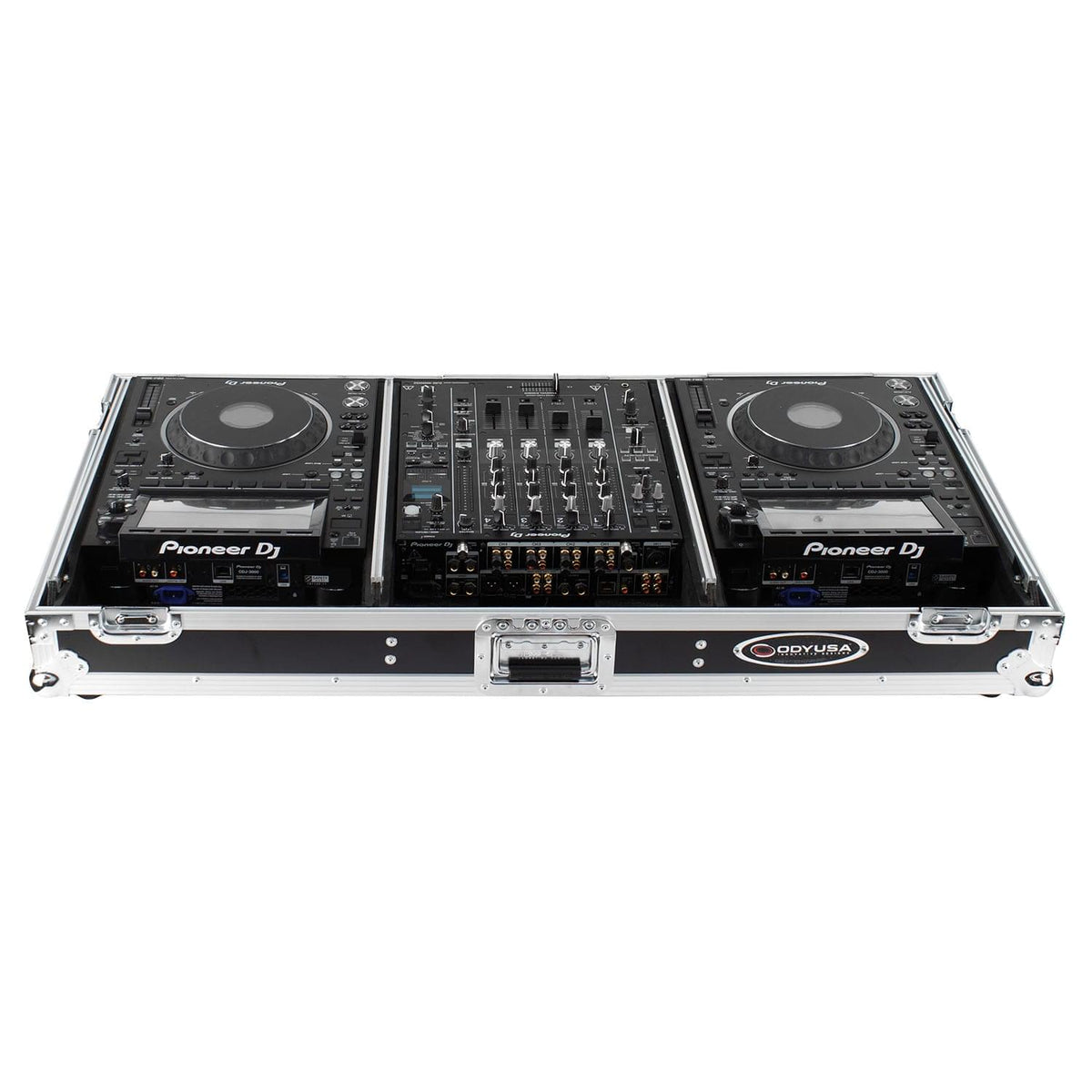 Odyssey FZGSP12CDJW2 - Universal 12″ Format DJ Mixer and Two Large Format Media Players Flight Coffin Case with Full Glide Platform.