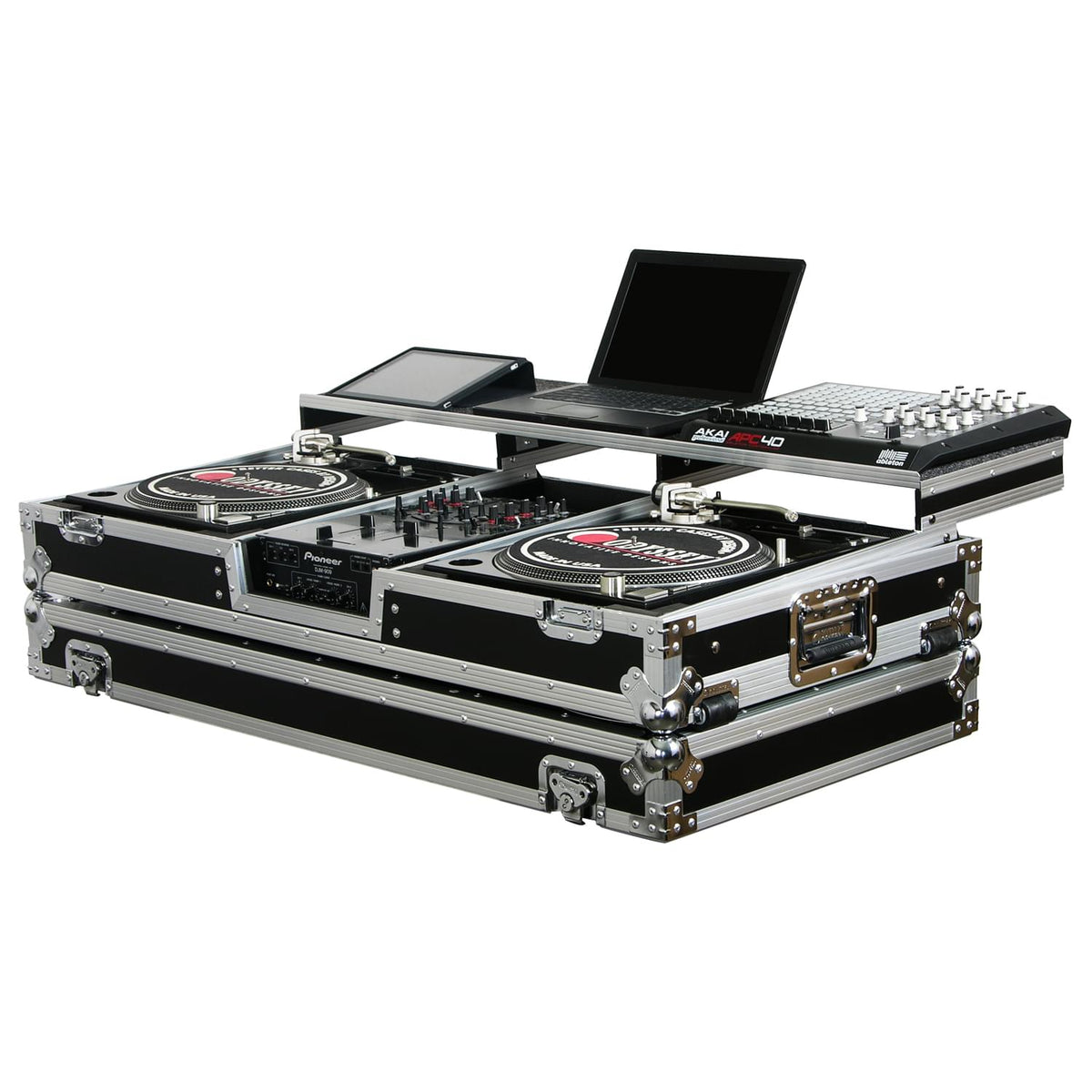 Odyssey FZGSPBM10W - Universal 10" Format DJ Mixer and Two Battle Position Turntables Flight Coffin Case with Full Glide Platform.
