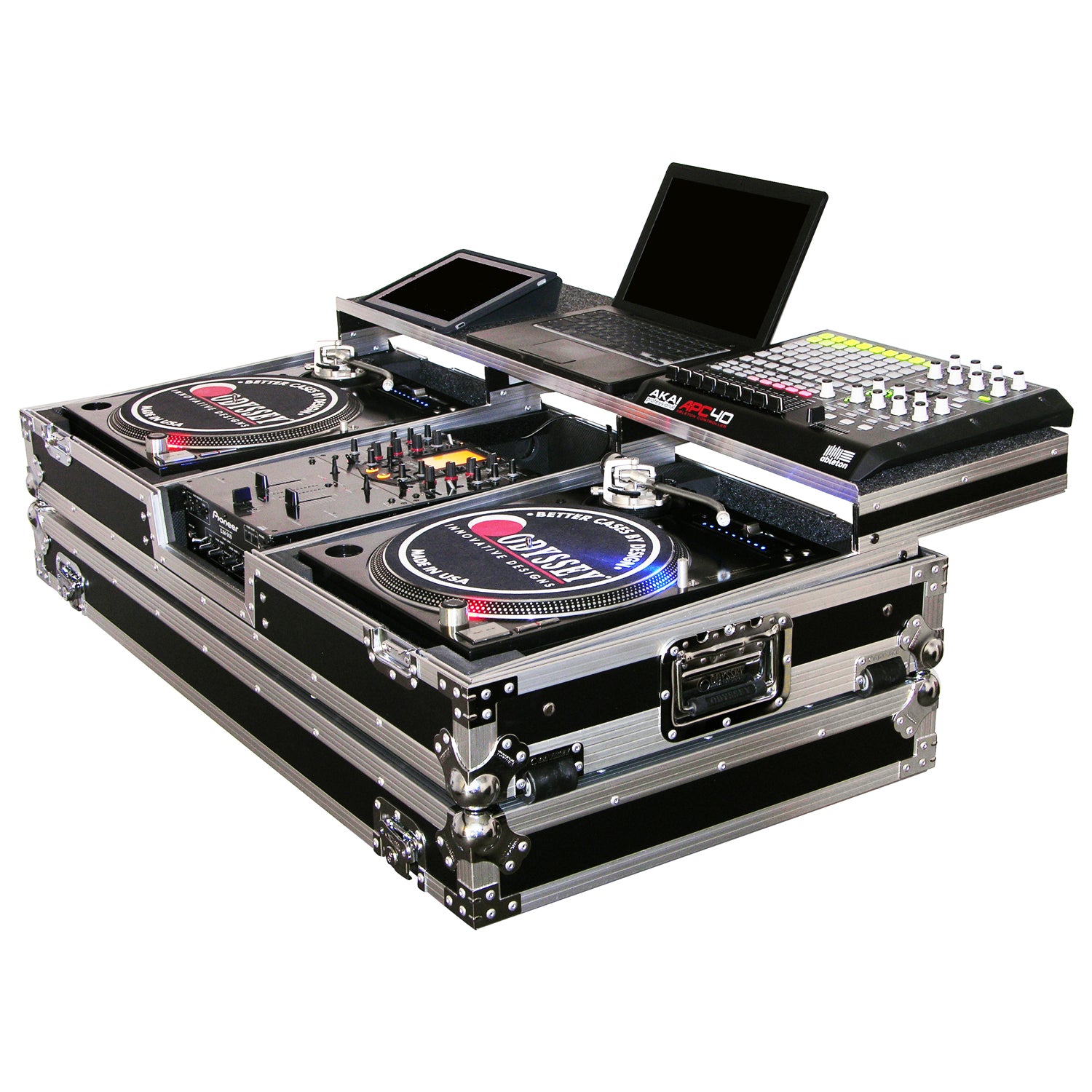 Odyssey FZGSPBM10W - Universal 10" Format DJ Mixer and Two Battle Position Turntables Flight Coffin Case with Full Glide Platform.