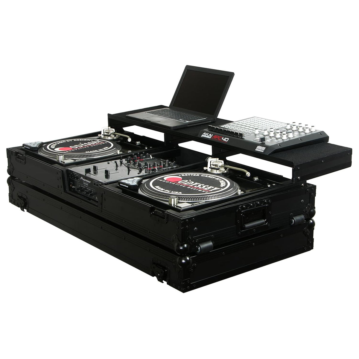 Odyssey FZGSPBM10WBL - Universal Black 10" Format DJ Mixer and Two Battle Position Turntables Flight Coffin Case with Full Glide Platform.