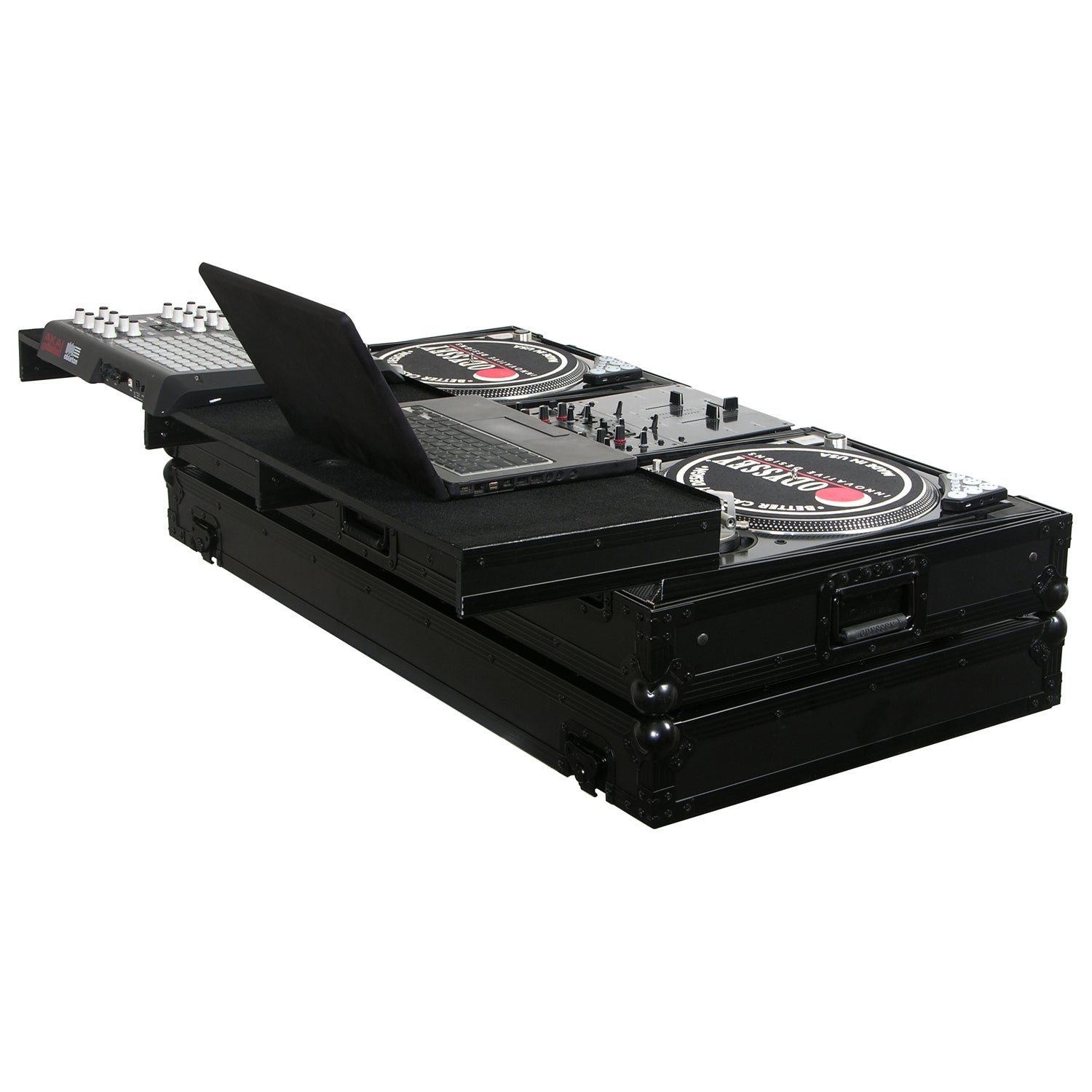 Odyssey FZGSPBM10WBL - Universal Black 10" Format DJ Mixer and Two Battle Position Turntables Flight Coffin Case with Full Glide Platform.