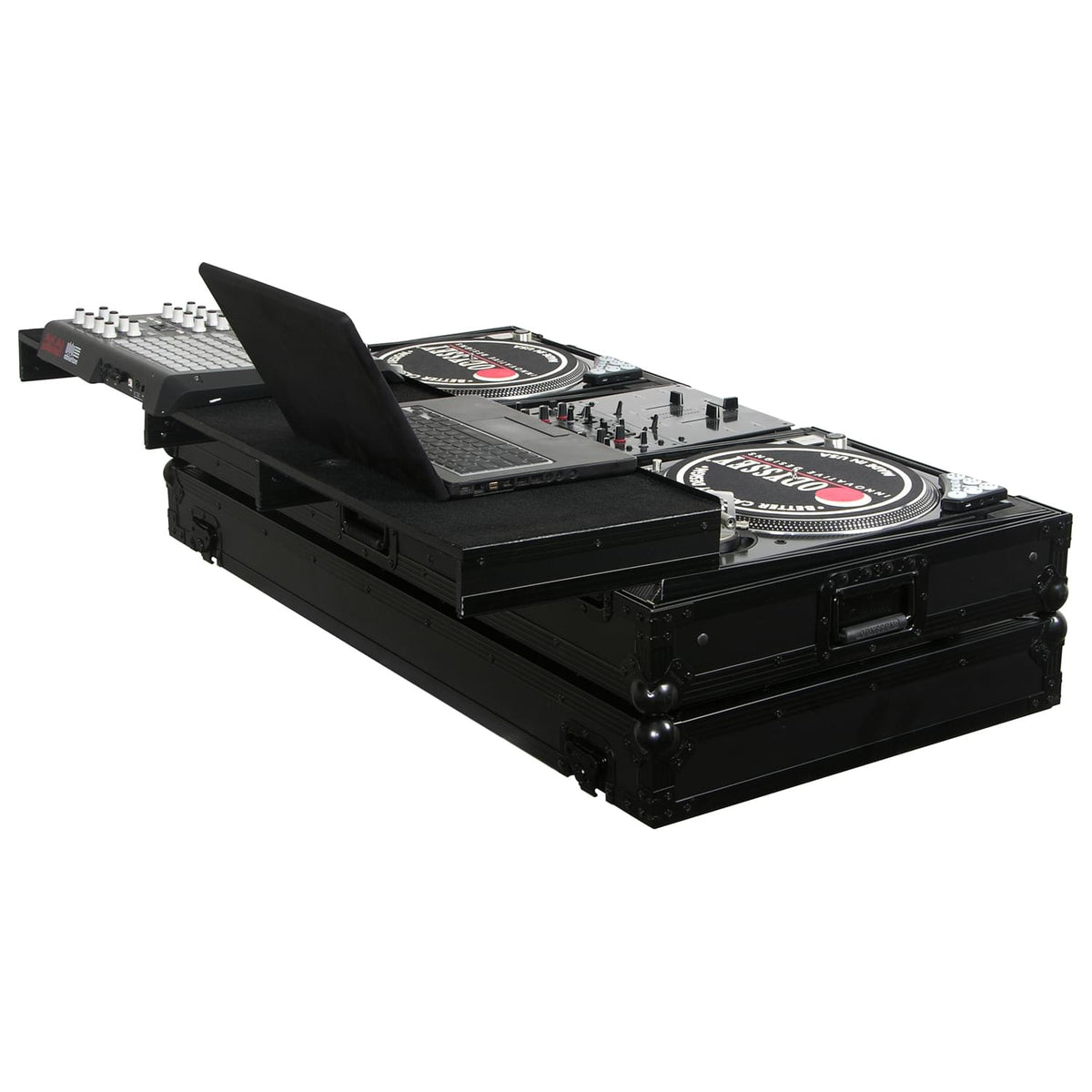 Odyssey FZGSPBM10WBL - Universal Black 10" Format DJ Mixer and Two Battle Position Turntables Flight Coffin Case with Full Glide Platform.