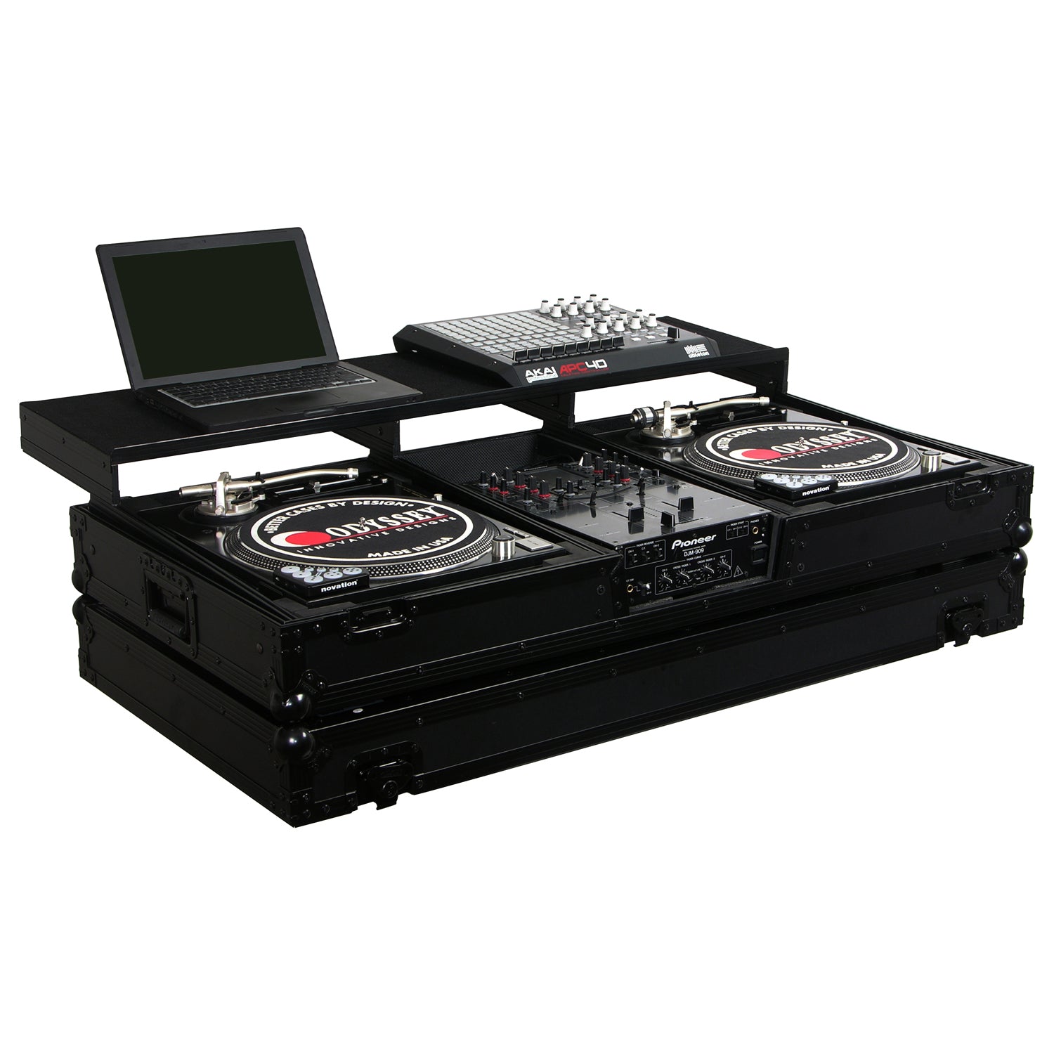 Odyssey FZGSPBM10WBL - Universal Black 10" Format DJ Mixer and Two Battle Position Turntables Flight Coffin Case with Full Glide Platform.