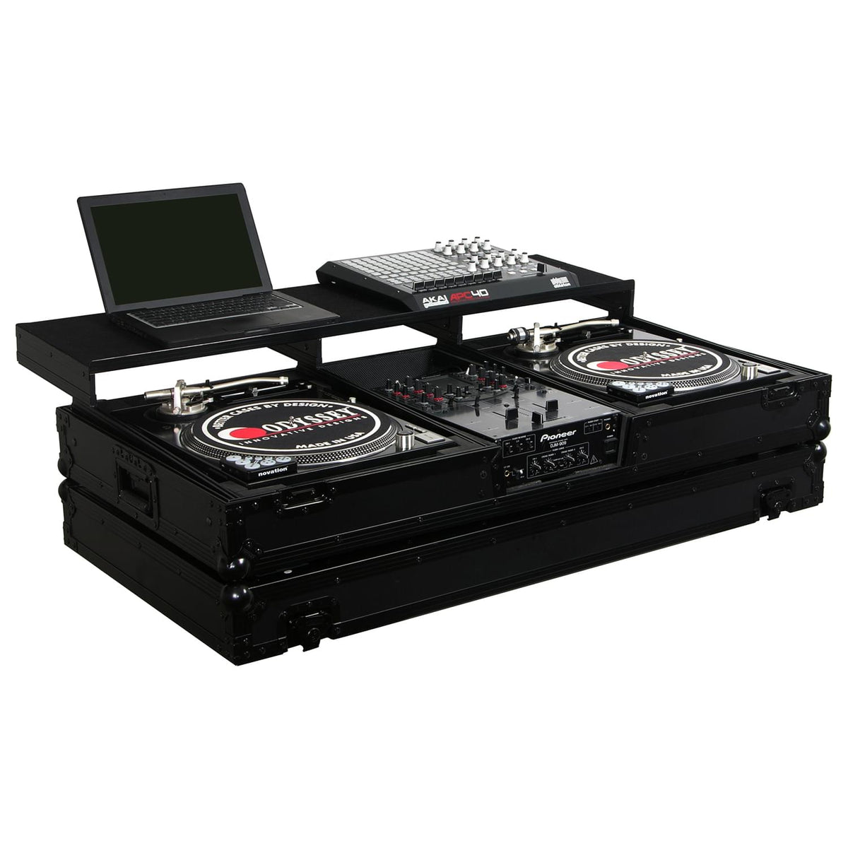 Odyssey FZGSPBM10WBL - Universal Black 10" Format DJ Mixer and Two Battle Position Turntables Flight Coffin Case with Full Glide Platform.