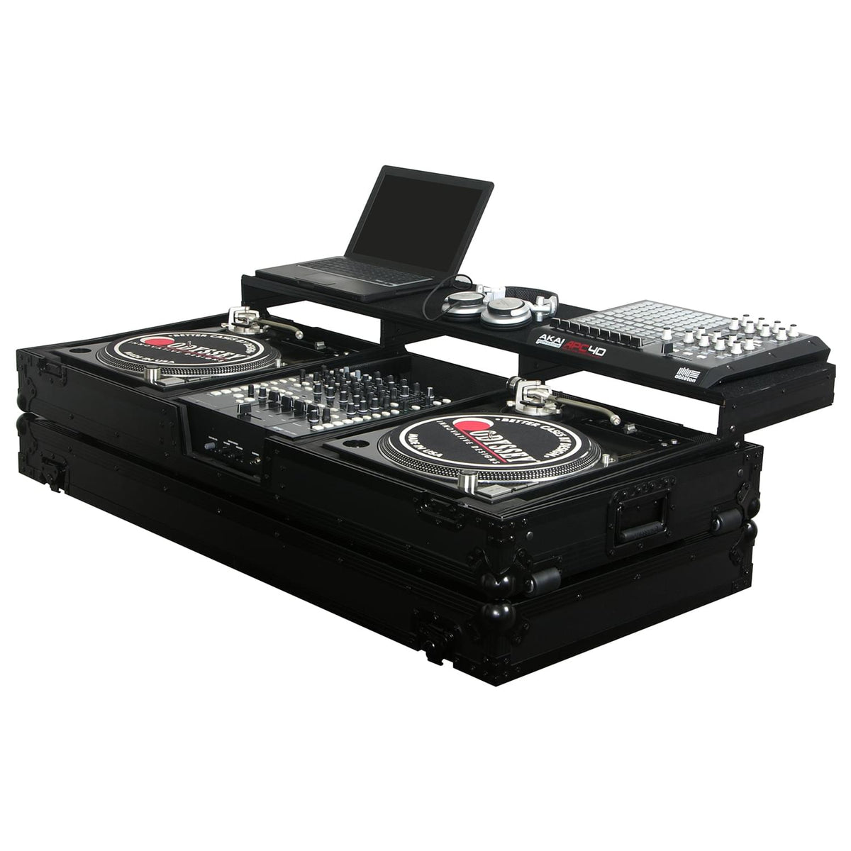 Odyssey FZGSPBM12WBL - Universal Black 12" Format DJ Mixer and Two Battle Position Turntables Flight Coffin Case with Full Glide Platform.